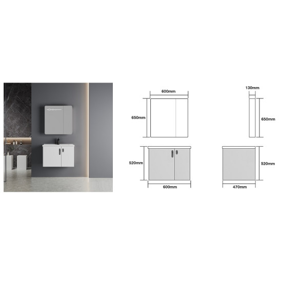 PVC комплект мебели за баня BETA 2, 60 и 80 см. - долен шкаф с умивалник и горен шкаф с LED огледало