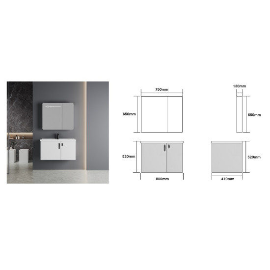 PVC комплект мебели за баня BETA 2, 60 и 80 см. - долен шкаф с умивалник и горен шкаф с LED огледало