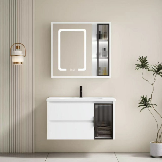 PVC комплект мебели за баня BETINA, 80 см. - долен шкаф с умивалник и горен шкаф с LED огледало