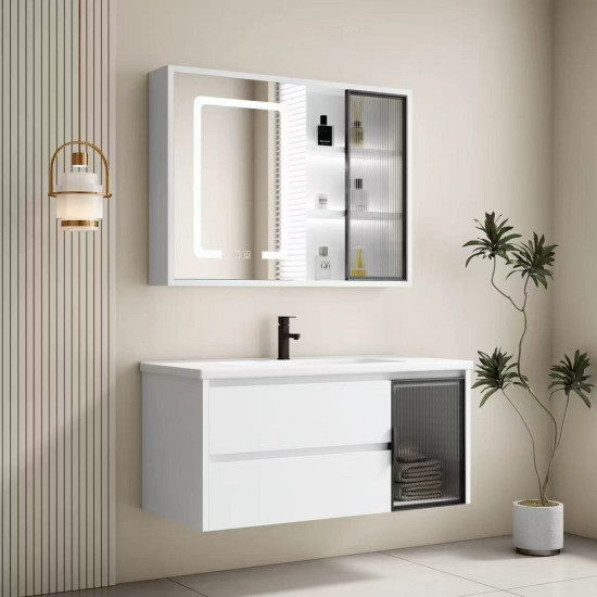 PVC комплект мебели за баня BETINA, 80 см. - долен шкаф с умивалник и горен шкаф с LED огледало