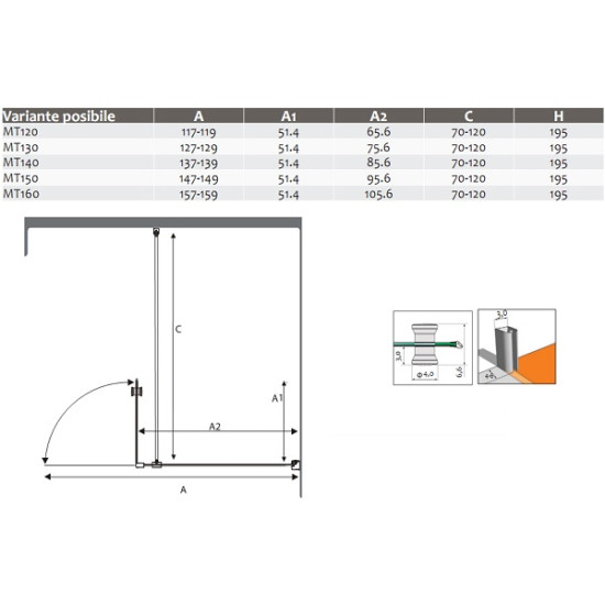 Преграден параван за баня със стационарно стъкло и люлееща врата "GRANDE SANOFLEX", хром, 120-160х195 см.