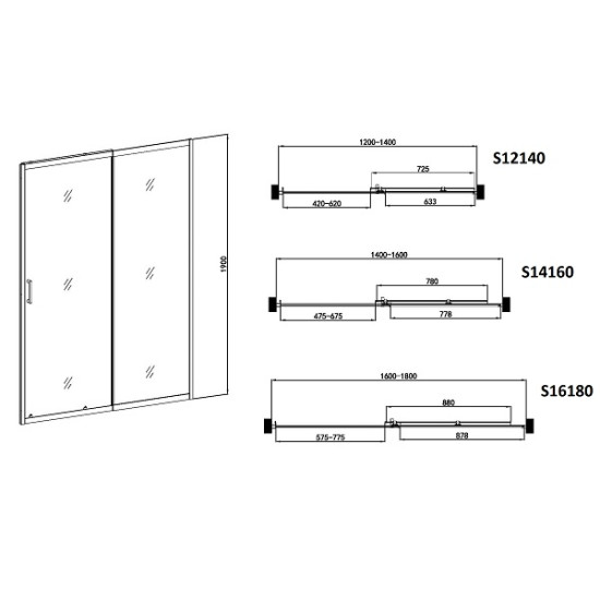 Преграден регулируем душ параван с плъзгаща врата, мат стъкло "ELITE R", хром, 100-180х190 см.